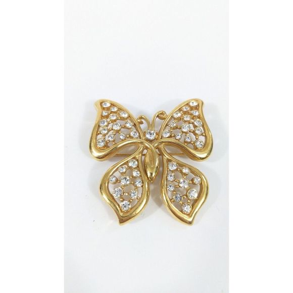 Butterfly Shaped Brooch White Rhinestones Gold Toned - Signed Monet - Picture 4 of 6
